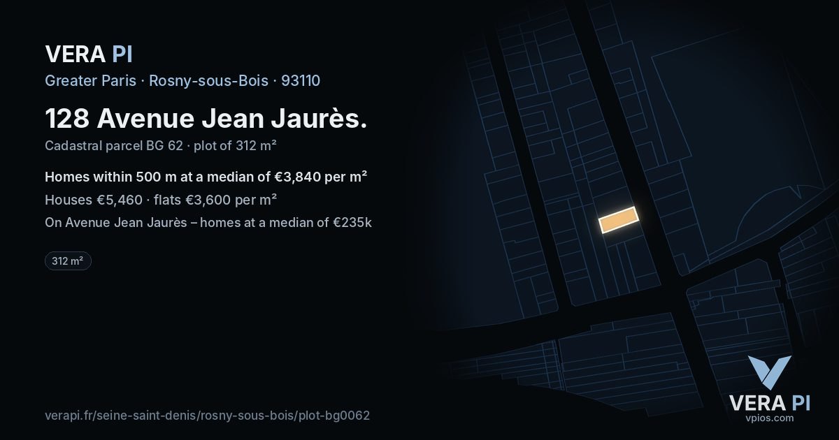 128 Avenue Jean Jaurès, Rosny-sous-Bois at night – the plot lit, the parcels around coloured by the prices near them