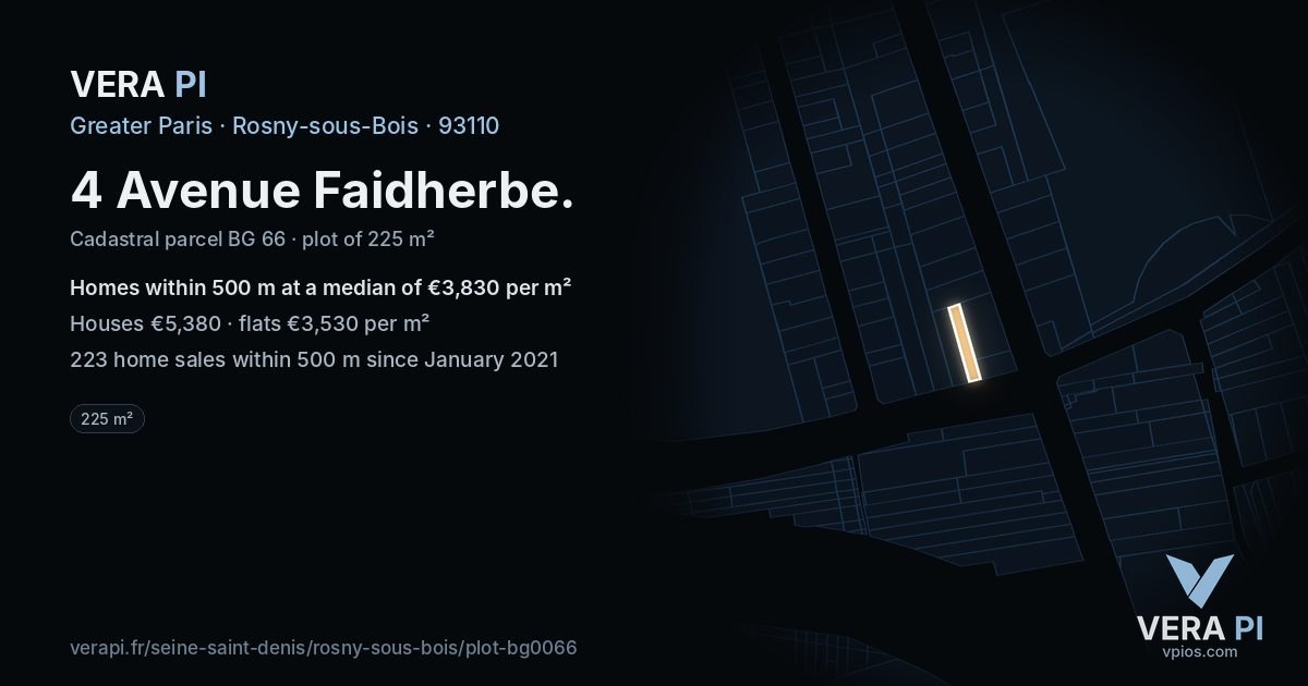 4 Avenue Faidherbe, Rosny-sous-Bois at night – the plot lit, the parcels around coloured by the prices near them