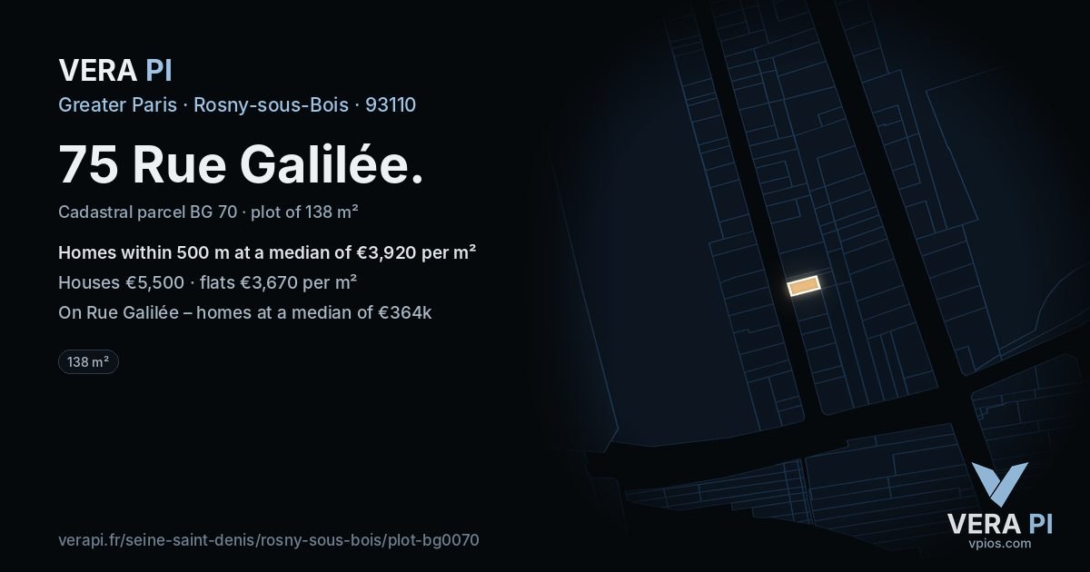 75 Rue Galilée, Rosny-sous-Bois at night – the plot lit, the parcels around coloured by the prices near them