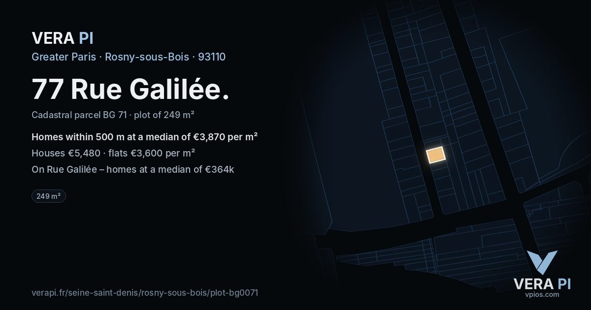 77 Rue Galilée, Rosny-sous-Bois at night – the plot lit, the parcels around coloured by the prices near them