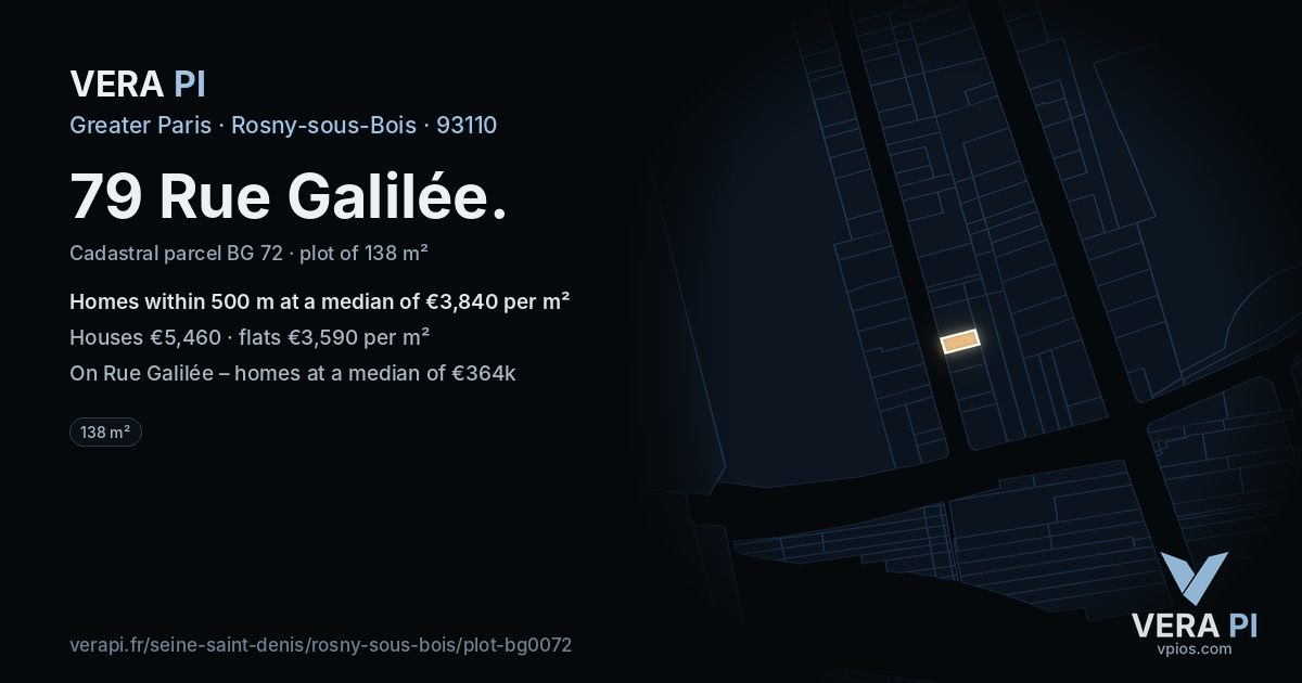 79 Rue Galilée, Rosny-sous-Bois at night – the plot lit, the parcels around coloured by the prices near them