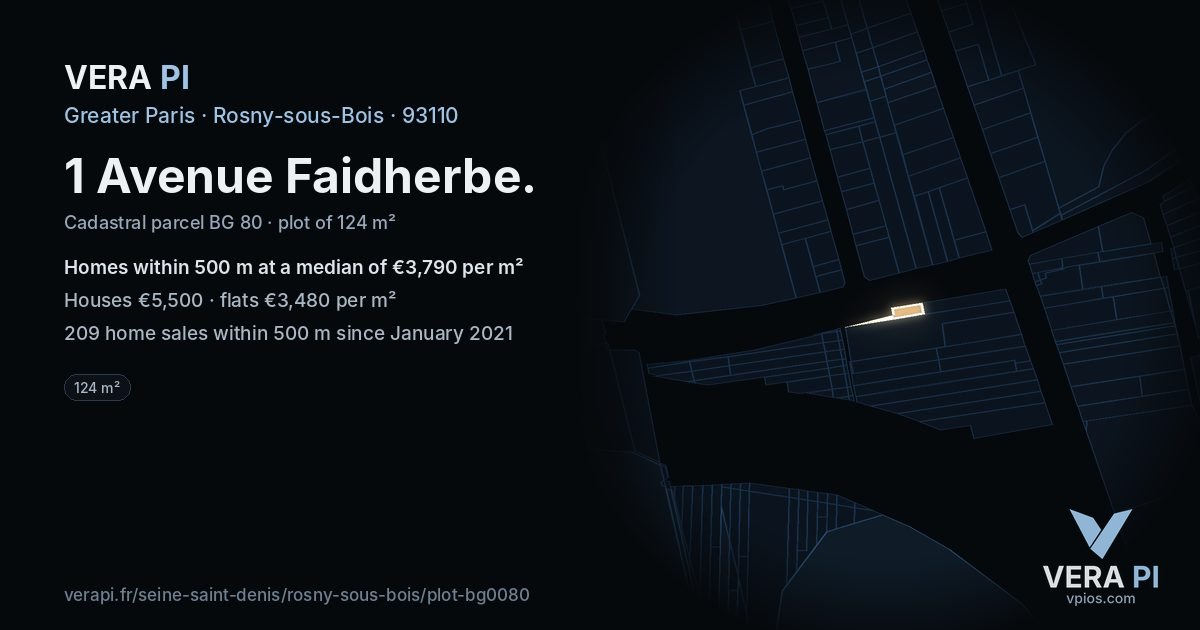 1 Avenue Faidherbe, Rosny-sous-Bois at night – the plot lit, the parcels around coloured by the prices near them