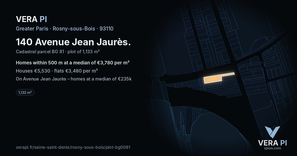 140 Avenue Jean Jaurès, Rosny-sous-Bois at night – the plot lit, the parcels around coloured by the prices near them