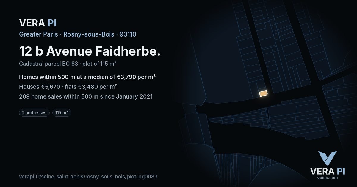 12 b Avenue Faidherbe, Rosny-sous-Bois at night – the plot lit, the parcels around coloured by the prices near them