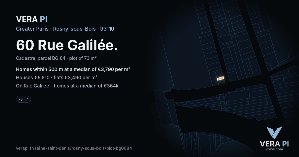 60 Rue Galilée, Rosny-sous-Bois at night – the plot lit, the parcels around coloured by the prices near them