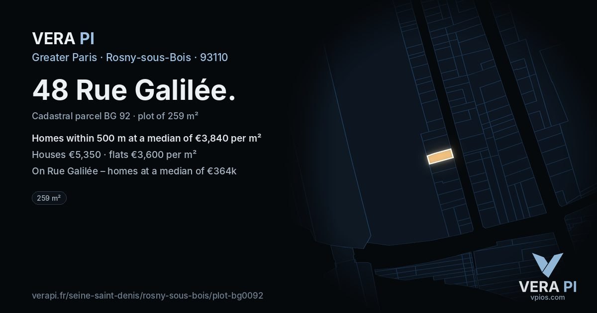 48 Rue Galilée, Rosny-sous-Bois at night – the plot lit, the parcels around coloured by the prices near them