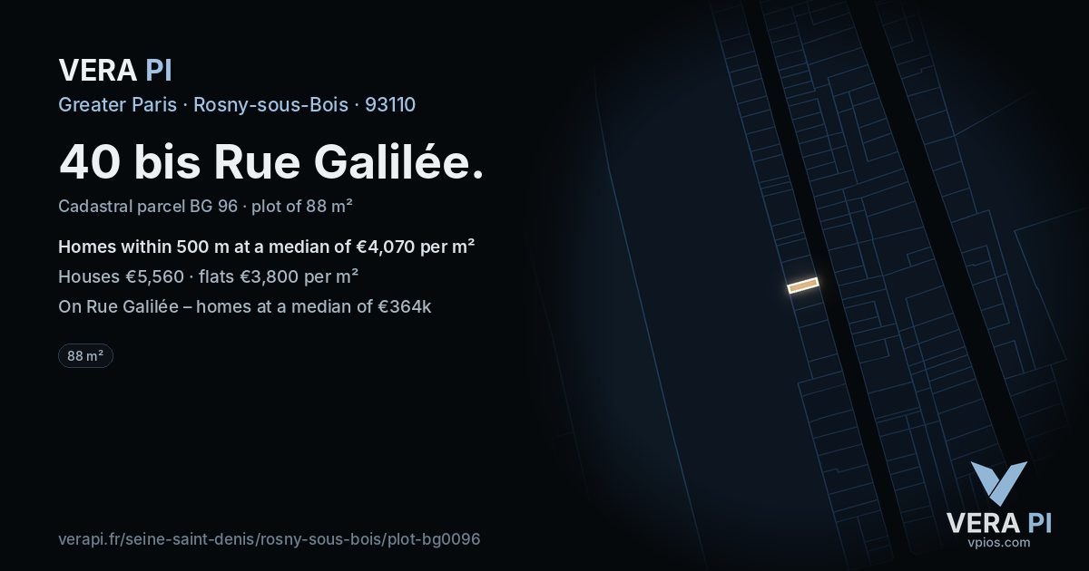 40 bis Rue Galilée, Rosny-sous-Bois at night – the plot lit, the parcels around coloured by the prices near them