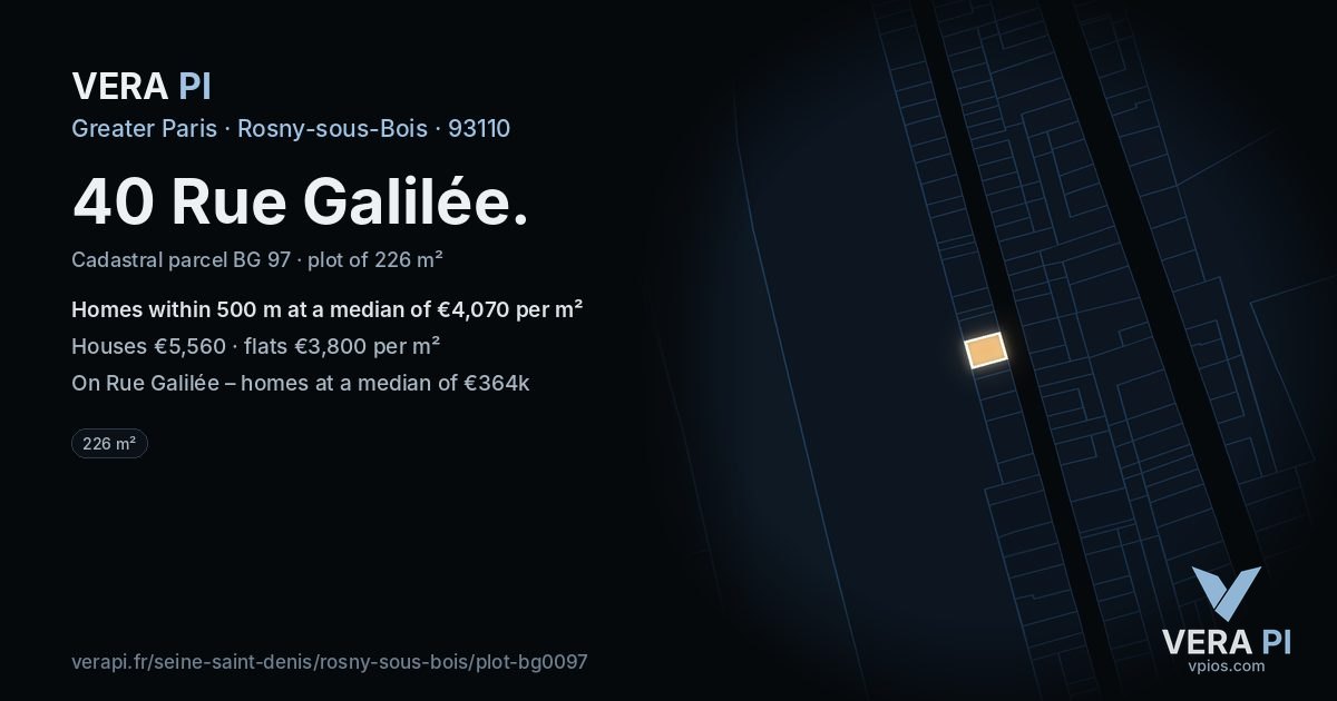 40 Rue Galilée, Rosny-sous-Bois at night – the plot lit, the parcels around coloured by the prices near them