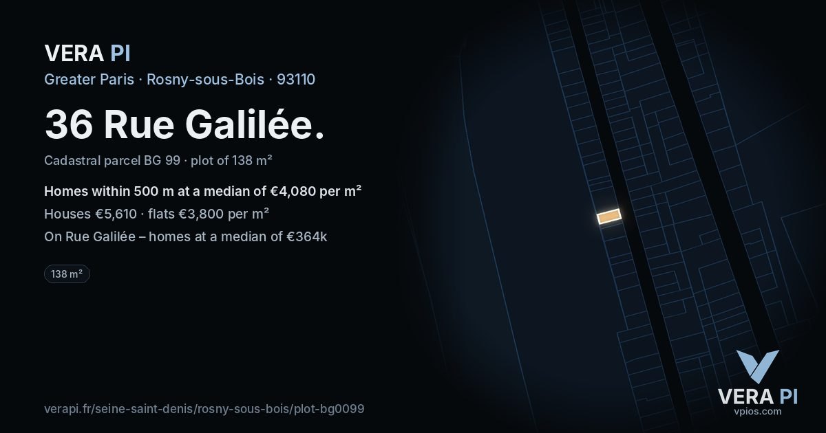 36 Rue Galilée, Rosny-sous-Bois at night – the plot lit, the parcels around coloured by the prices near them