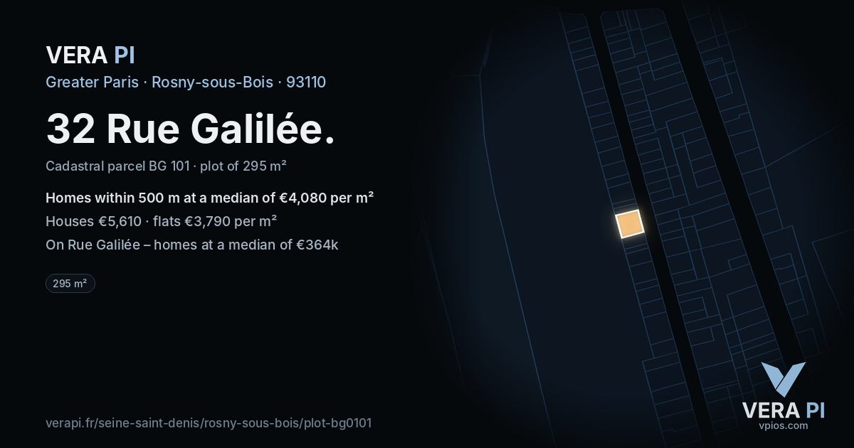 32 Rue Galilée, Rosny-sous-Bois at night – the plot lit, the parcels around coloured by the prices near them