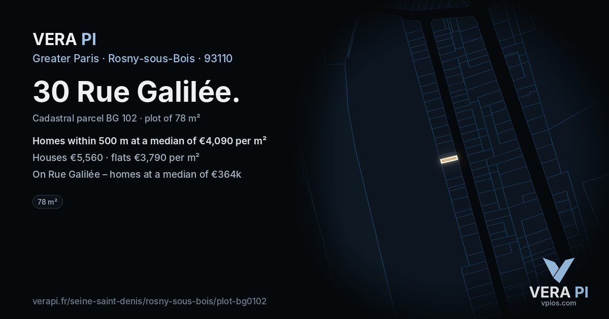 30 Rue Galilée, Rosny-sous-Bois at night – the plot lit, the parcels around coloured by the prices near them