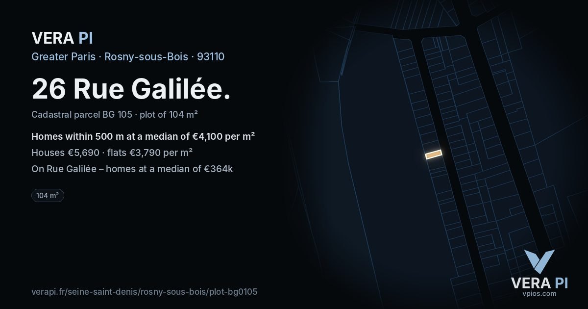 26 Rue Galilée, Rosny-sous-Bois at night – the plot lit, the parcels around coloured by the prices near them