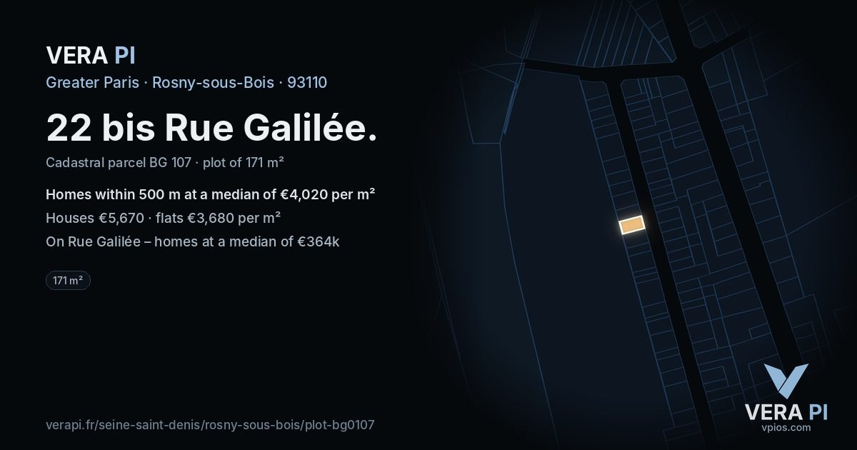 22 bis Rue Galilée, Rosny-sous-Bois at night – the plot lit, the parcels around coloured by the prices near them