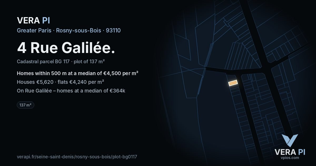 4 Rue Galilée, Rosny-sous-Bois at night – the plot lit, the parcels around coloured by the prices near them