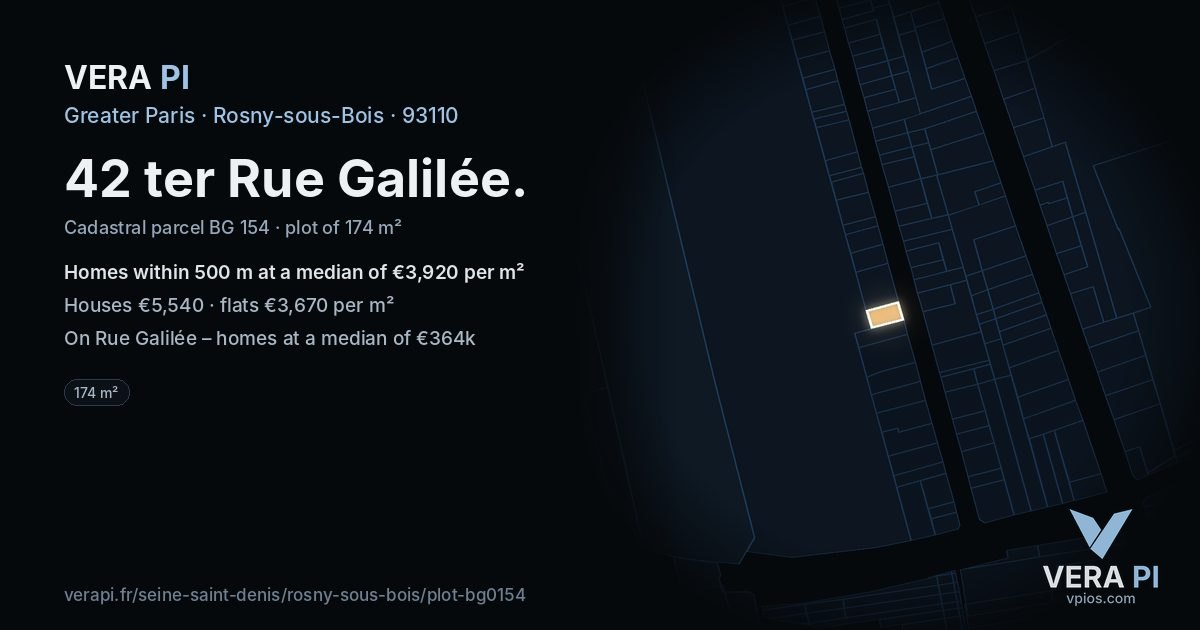 42 ter Rue Galilée, Rosny-sous-Bois at night – the plot lit, the parcels around coloured by the prices near them