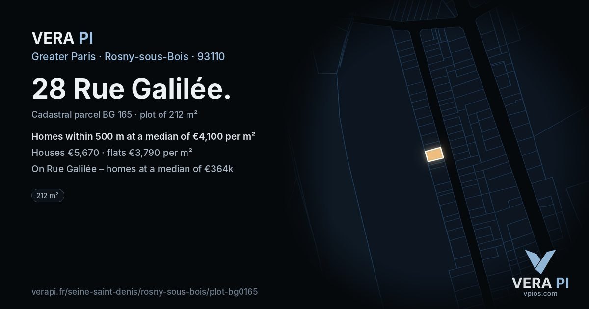 28 Rue Galilée, Rosny-sous-Bois at night – the plot lit, the parcels around coloured by the prices near them