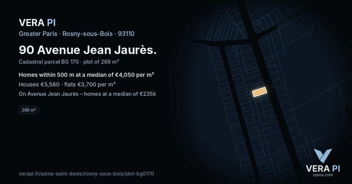 90 Avenue Jean Jaurès, Rosny-sous-Bois at night – the plot lit, the parcels around coloured by the prices near them