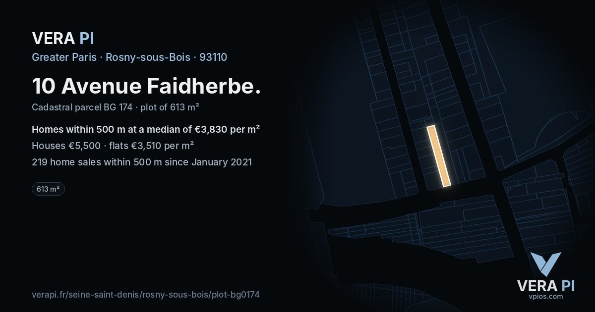 10 Avenue Faidherbe, Rosny-sous-Bois at night – the plot lit, the parcels around coloured by the prices near them