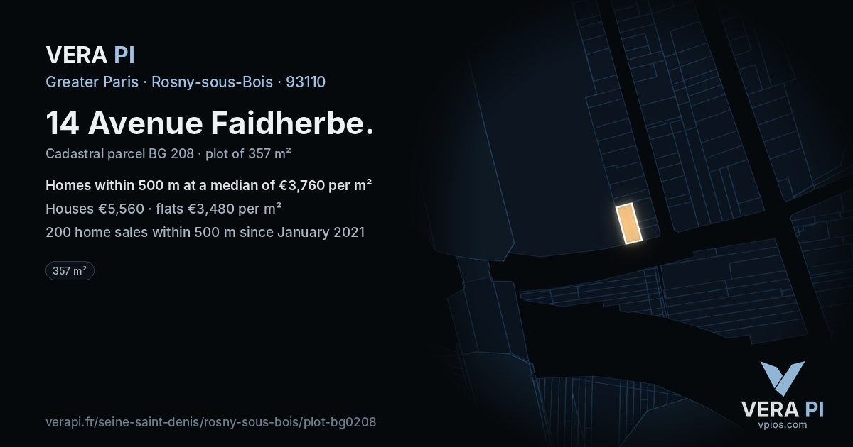 14 Avenue Faidherbe, Rosny-sous-Bois at night – the plot lit, the parcels around coloured by the prices near them