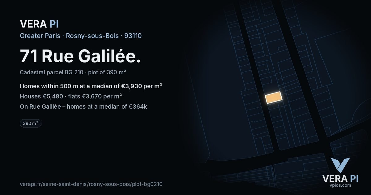 71 Rue Galilée, Rosny-sous-Bois at night – the plot lit, the parcels around coloured by the prices near them