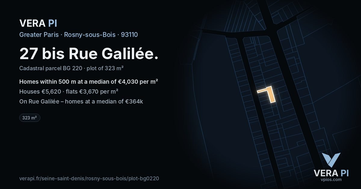27 bis Rue Galilée, Rosny-sous-Bois at night – the plot lit, the parcels around coloured by the prices near them