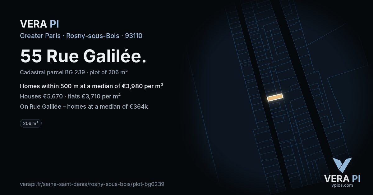 55 Rue Galilée, Rosny-sous-Bois at night – the plot lit, the parcels around coloured by the prices near them