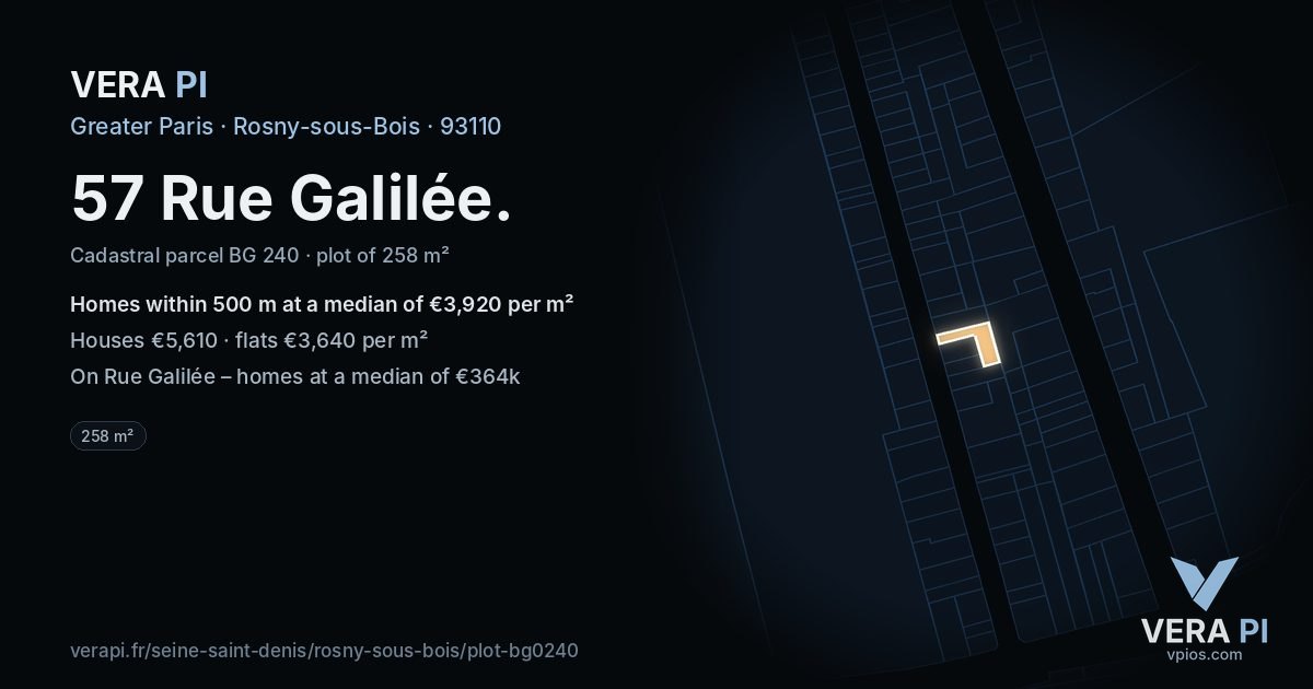 57 Rue Galilée, Rosny-sous-Bois at night – the plot lit, the parcels around coloured by the prices near them