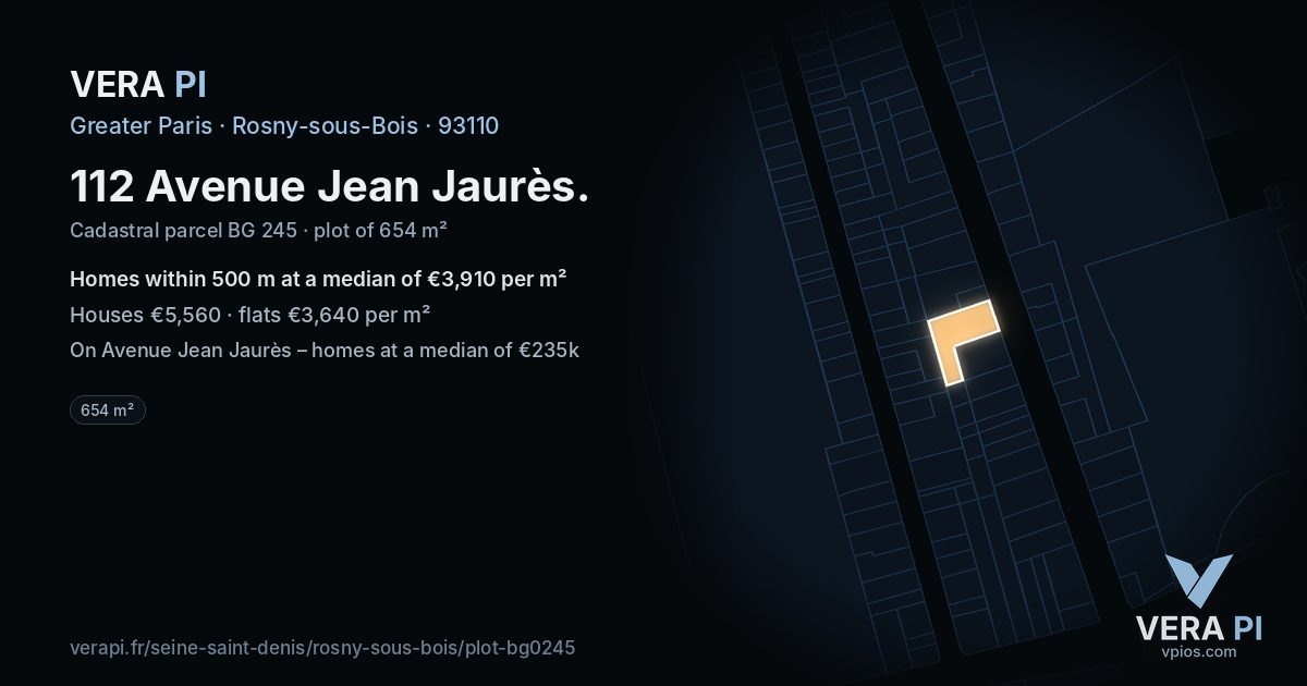112 Avenue Jean Jaurès, Rosny-sous-Bois at night – the plot lit, the parcels around coloured by the prices near them