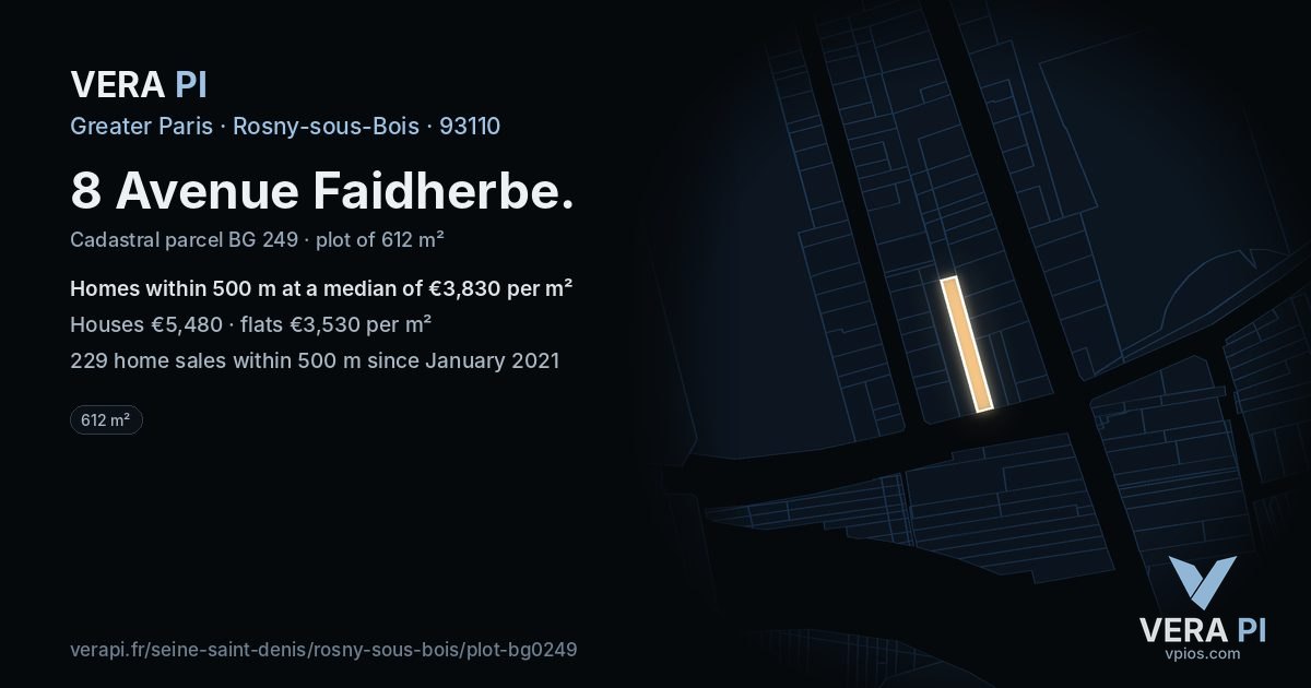 8 Avenue Faidherbe, Rosny-sous-Bois at night – the plot lit, the parcels around coloured by the prices near them