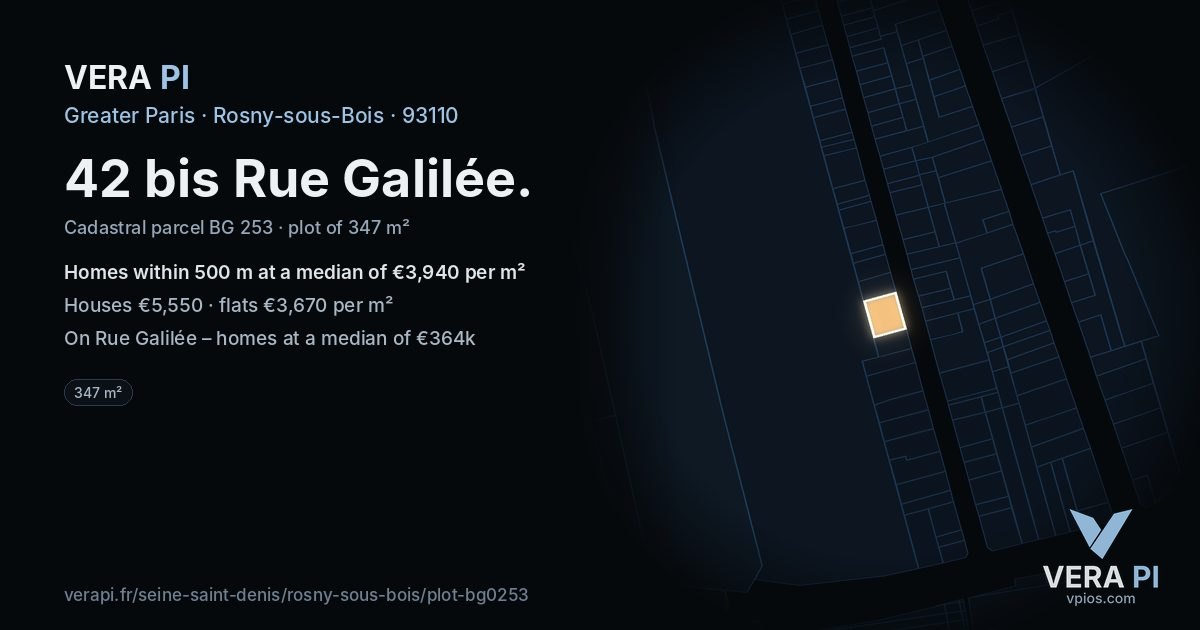 42 bis Rue Galilée, Rosny-sous-Bois at night – the plot lit, the parcels around coloured by the prices near them