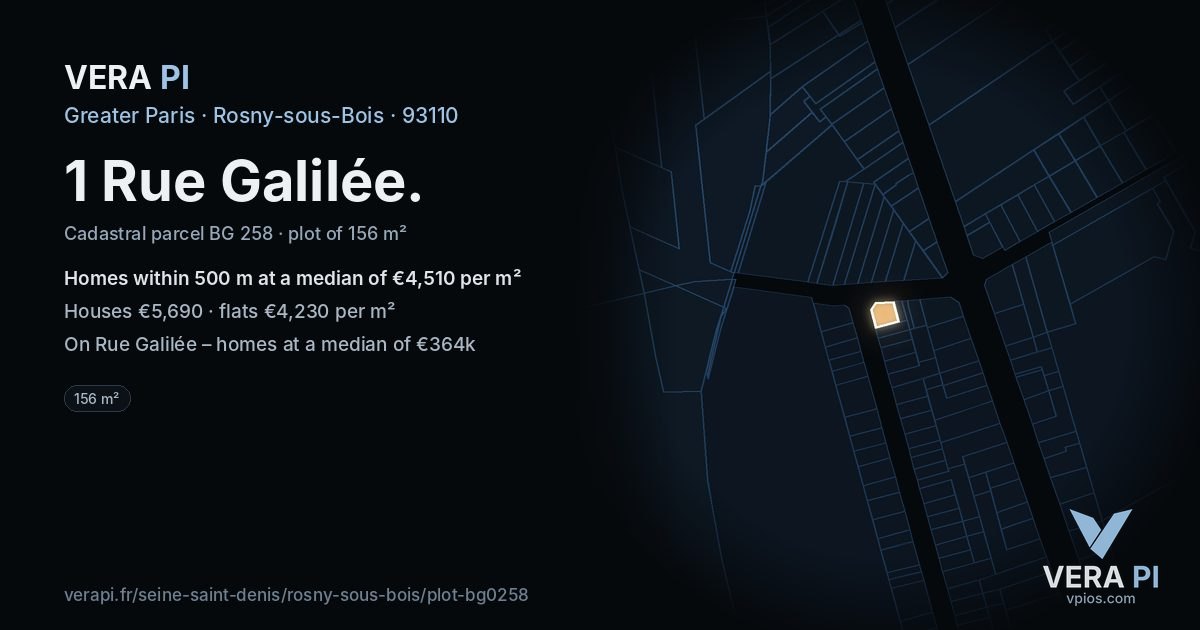 1 Rue Galilée, Rosny-sous-Bois at night – the plot lit, the parcels around coloured by the prices near them