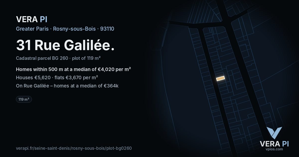 31 Rue Galilée, Rosny-sous-Bois at night – the plot lit, the parcels around coloured by the prices near them