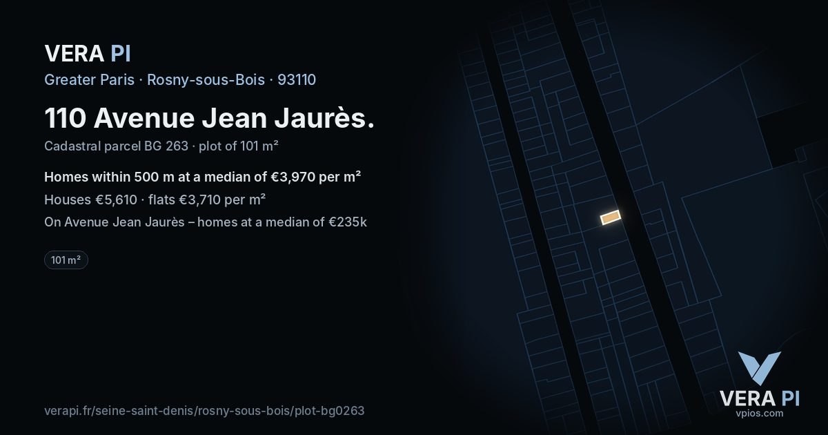 110 Avenue Jean Jaurès, Rosny-sous-Bois at night – the plot lit, the parcels around coloured by the prices near them