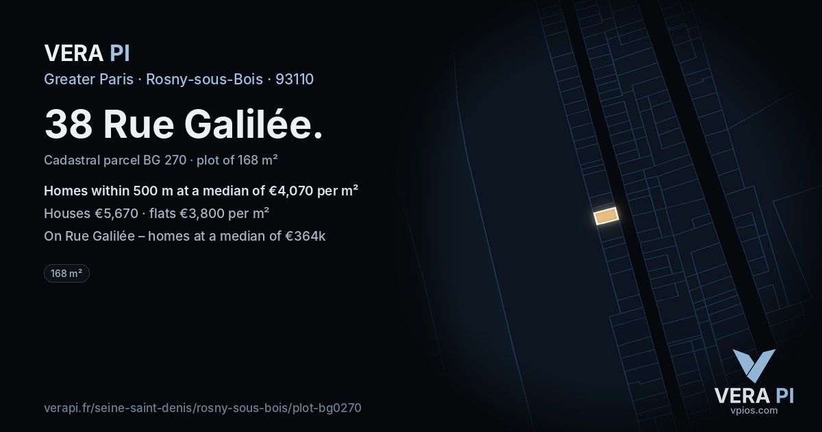 38 Rue Galilée, Rosny-sous-Bois at night – the plot lit, the parcels around coloured by the prices near them