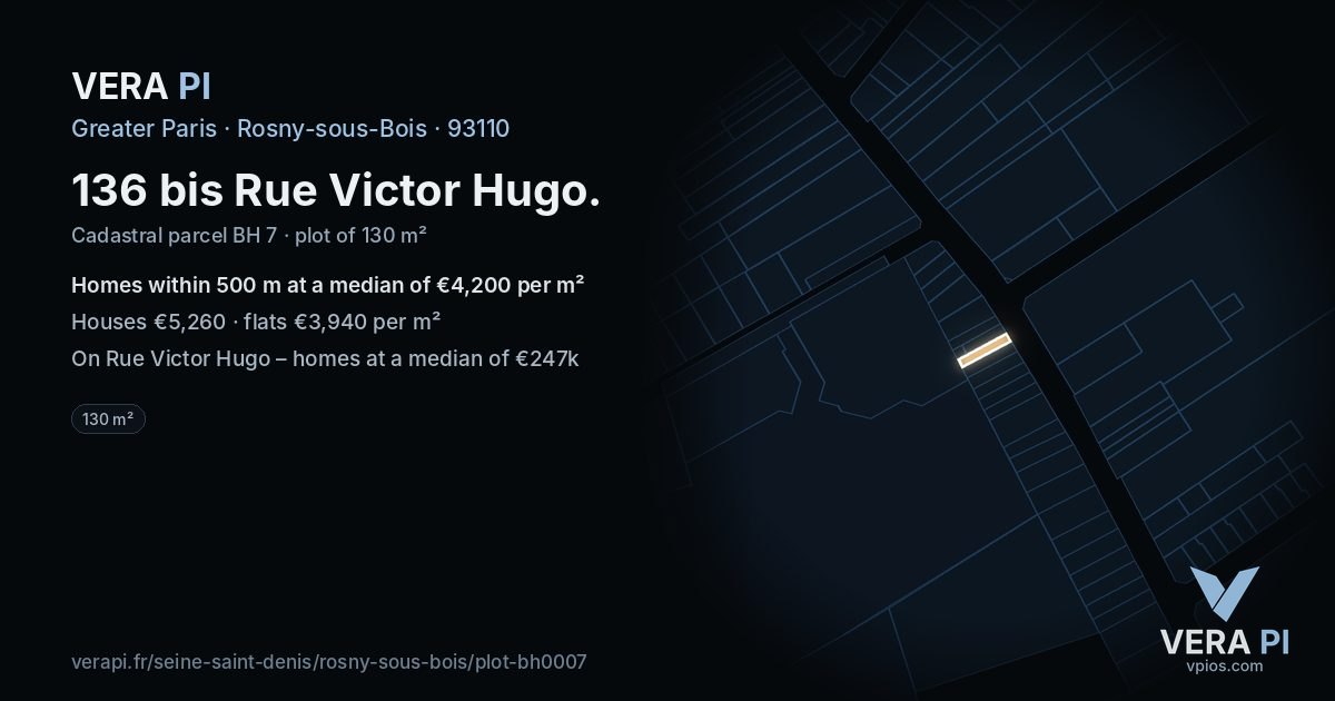 136 bis Rue Victor Hugo, Rosny-sous-Bois at night – the plot lit, the parcels around coloured by the prices near them