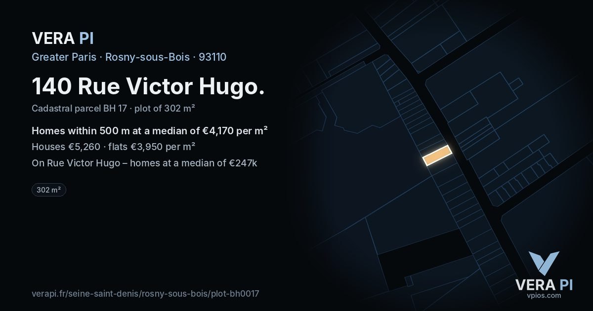 140 Rue Victor Hugo, Rosny-sous-Bois at night – the plot lit, the parcels around coloured by the prices near them