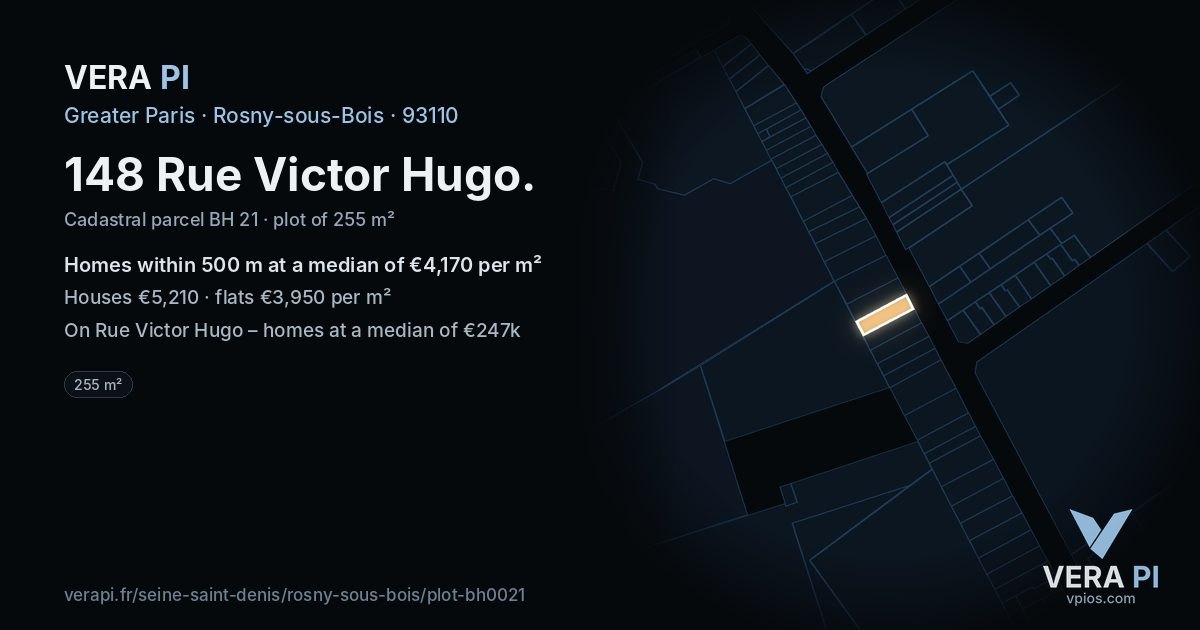 148 Rue Victor Hugo, Rosny-sous-Bois at night – the plot lit, the parcels around coloured by the prices near them