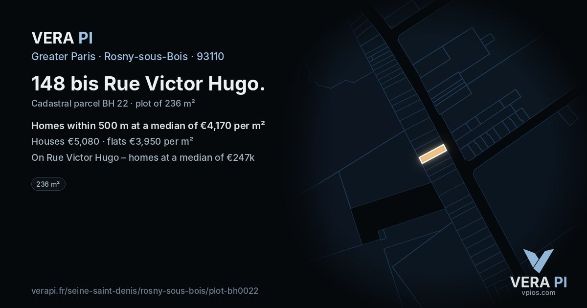 148 bis Rue Victor Hugo, Rosny-sous-Bois at night – the plot lit, the parcels around coloured by the prices near them