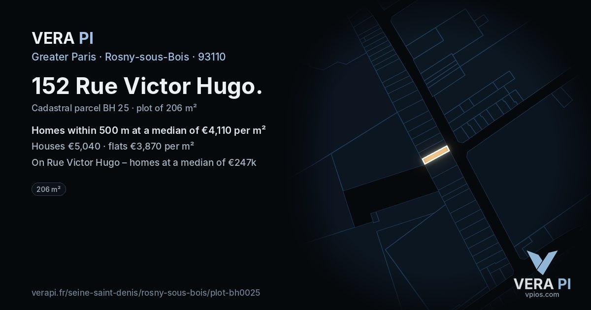 152 Rue Victor Hugo, Rosny-sous-Bois at night – the plot lit, the parcels around coloured by the prices near them