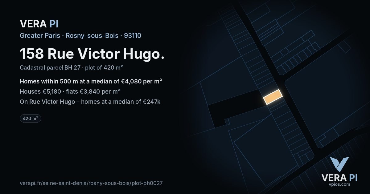 158 Rue Victor Hugo, Rosny-sous-Bois at night – the plot lit, the parcels around coloured by the prices near them