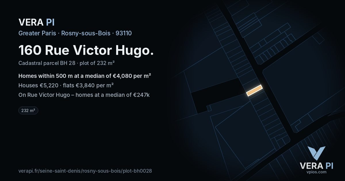 160 Rue Victor Hugo, Rosny-sous-Bois at night – the plot lit, the parcels around coloured by the prices near them