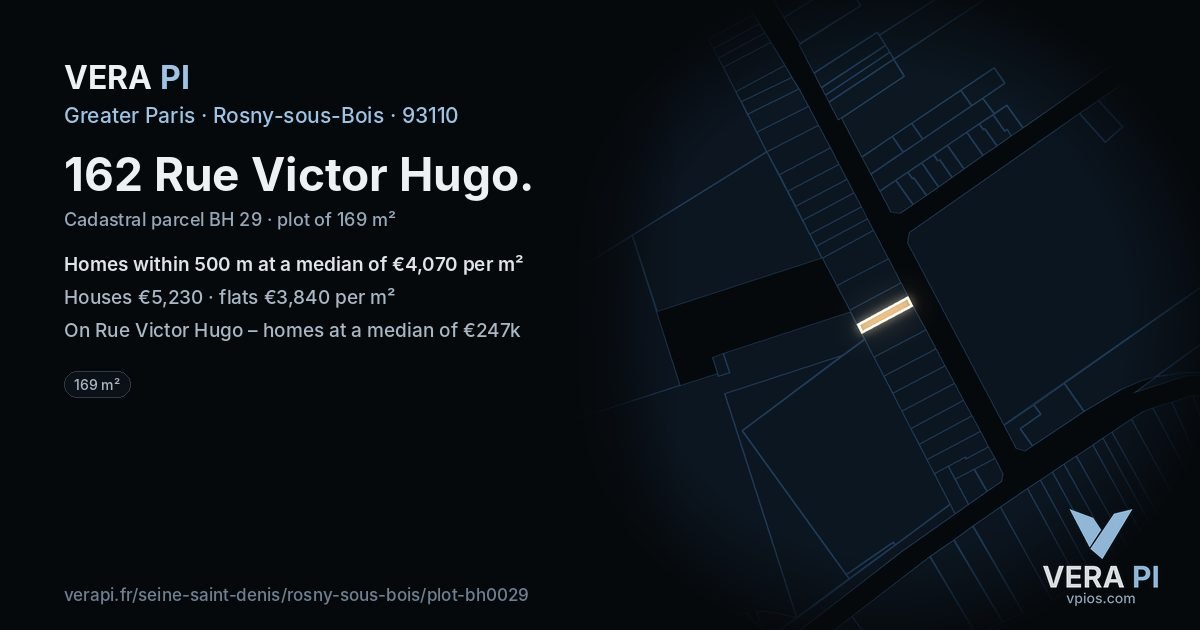 162 Rue Victor Hugo, Rosny-sous-Bois at night – the plot lit, the parcels around coloured by the prices near them