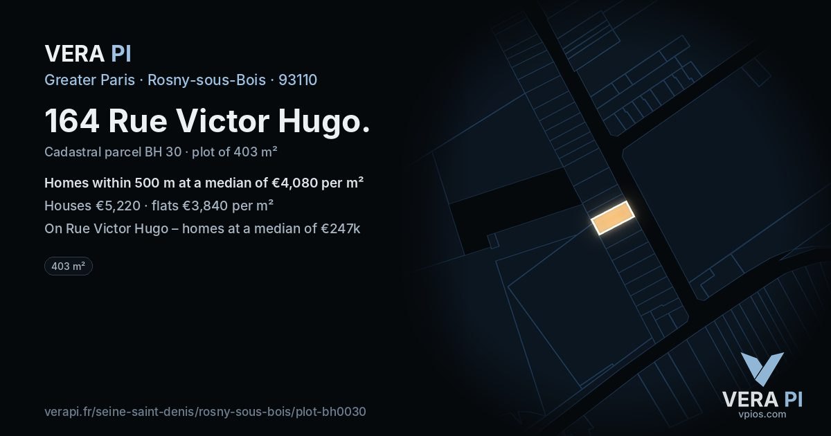 164 Rue Victor Hugo, Rosny-sous-Bois at night – the plot lit, the parcels around coloured by the prices near them