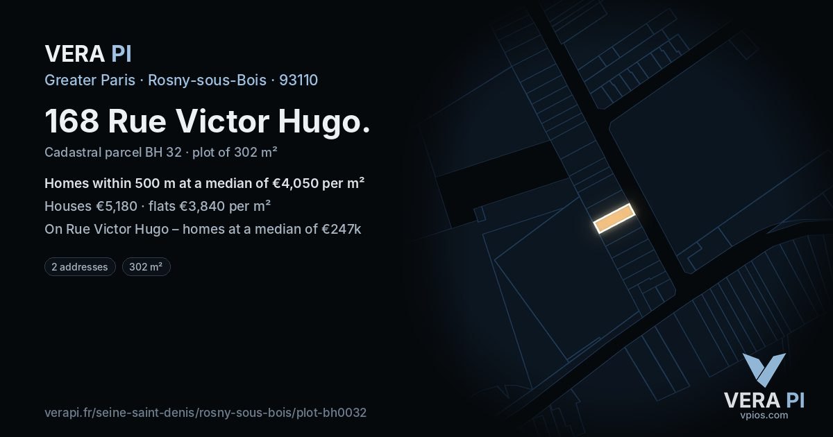 168 Rue Victor Hugo, Rosny-sous-Bois at night – the plot lit, the parcels around coloured by the prices near them