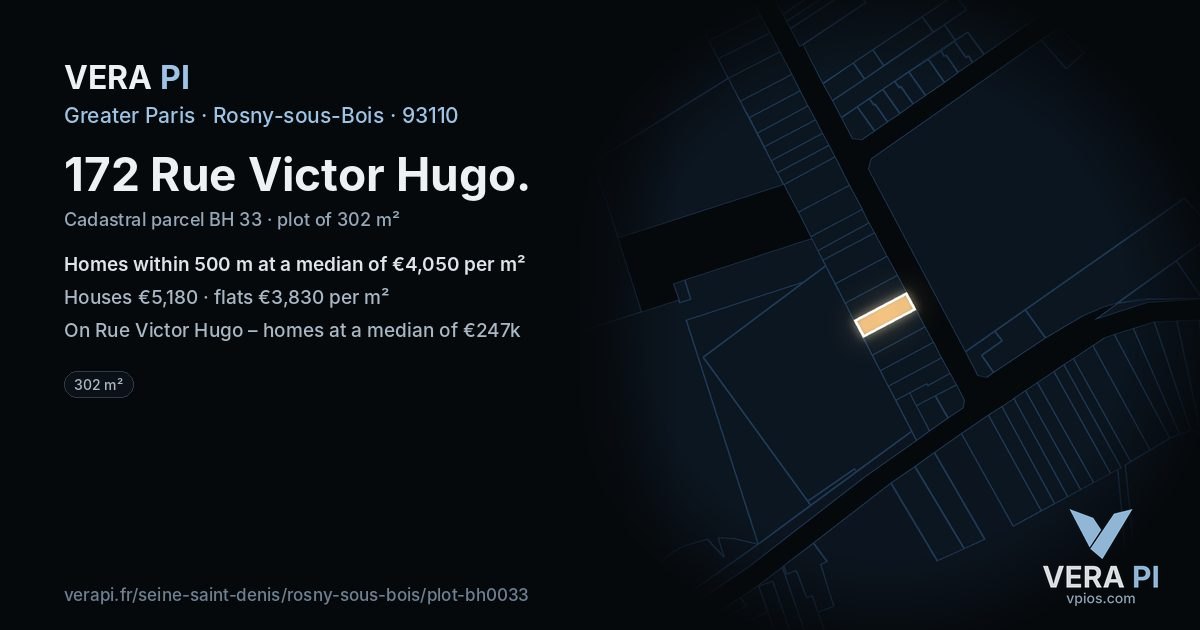 172 Rue Victor Hugo, Rosny-sous-Bois at night – the plot lit, the parcels around coloured by the prices near them