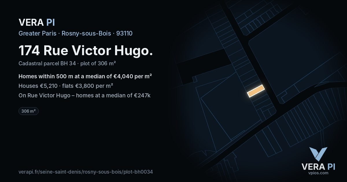 174 Rue Victor Hugo, Rosny-sous-Bois at night – the plot lit, the parcels around coloured by the prices near them