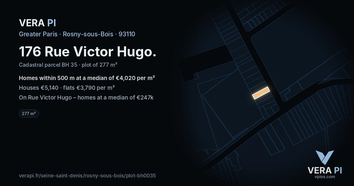 176 Rue Victor Hugo, Rosny-sous-Bois at night – the plot lit, the parcels around coloured by the prices near them