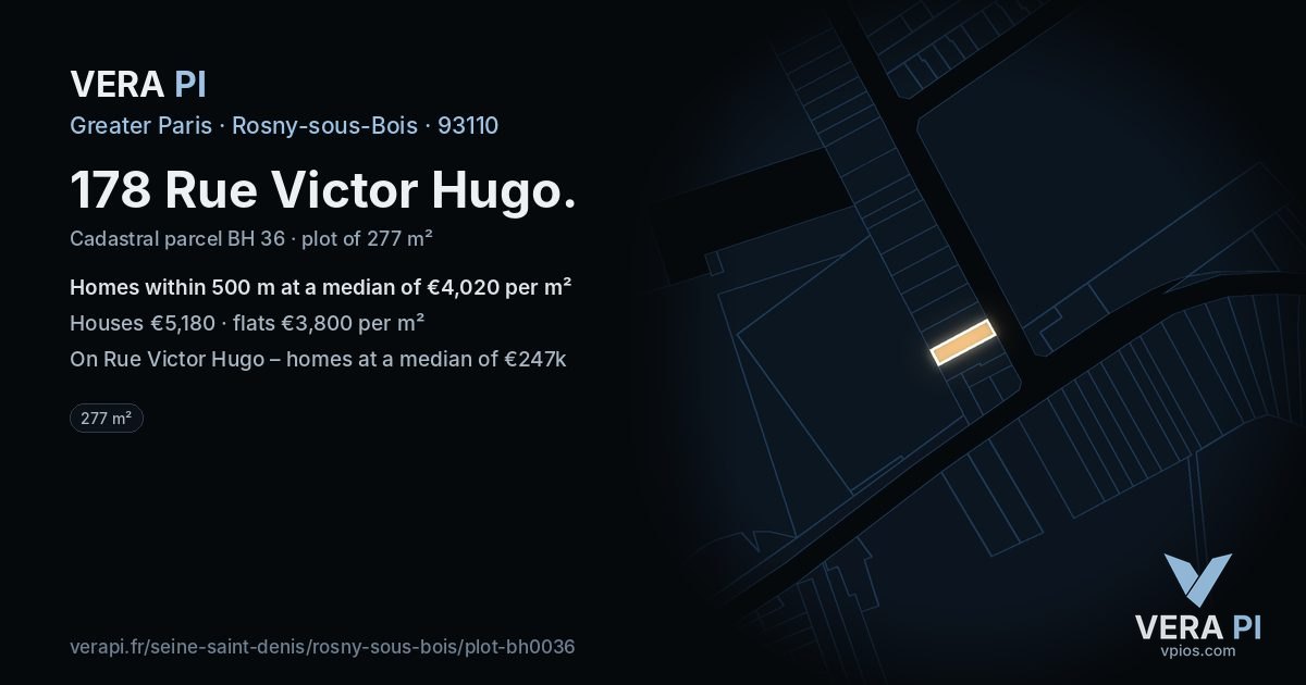 178 Rue Victor Hugo, Rosny-sous-Bois at night – the plot lit, the parcels around coloured by the prices near them