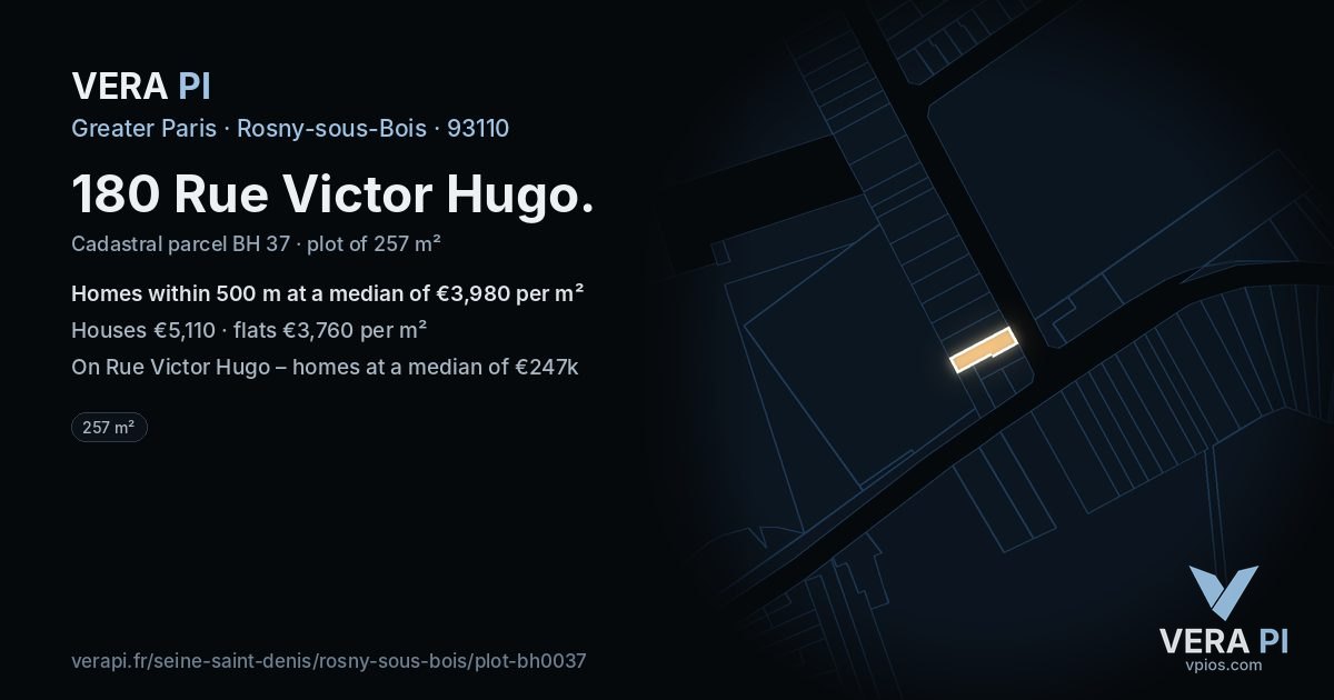 180 Rue Victor Hugo, Rosny-sous-Bois at night – the plot lit, the parcels around coloured by the prices near them