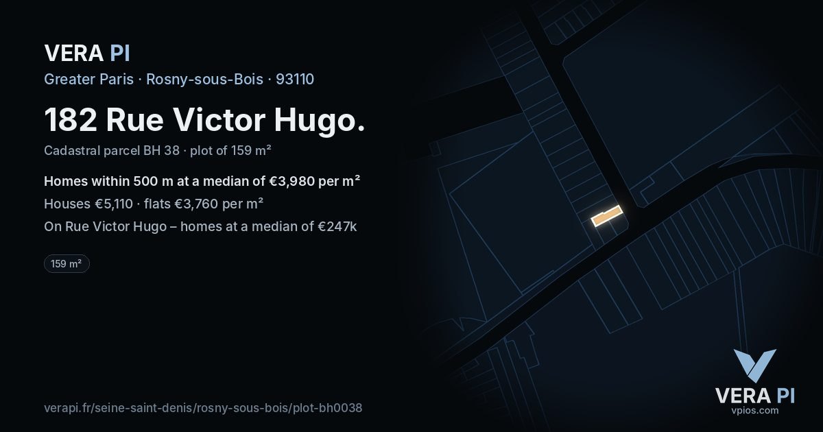 182 Rue Victor Hugo, Rosny-sous-Bois at night – the plot lit, the parcels around coloured by the prices near them